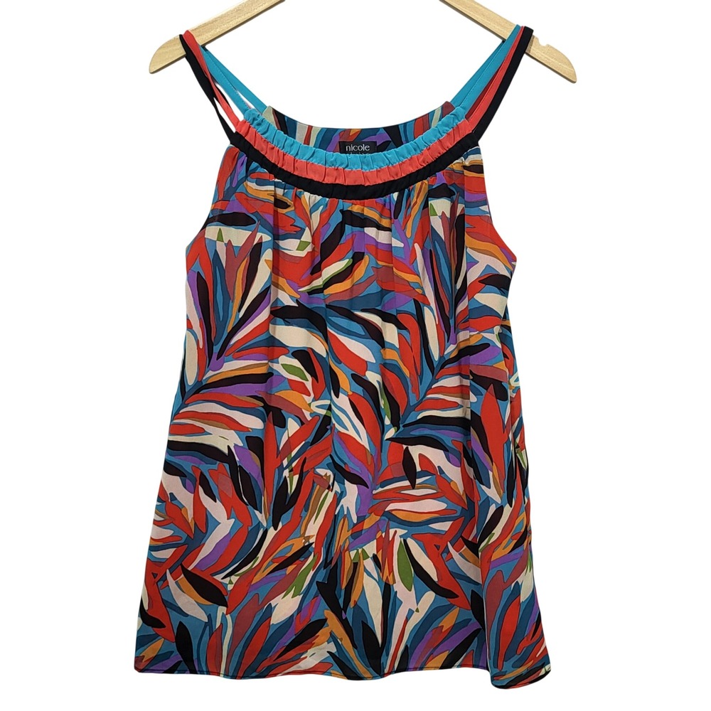 Nicole by Nicole Miller Womens Tropical Palm Leaf Print Sleeveless Blouse Medium